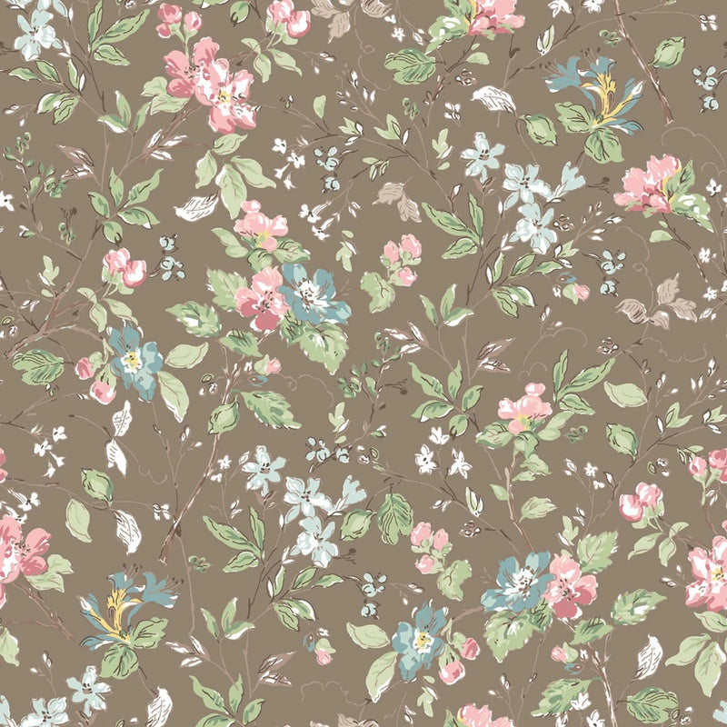 TERRACE BLOOMS Floral ~ Small Florals on Brown Taupe ~ Maywood Studio Pink Blue Flowering Plants