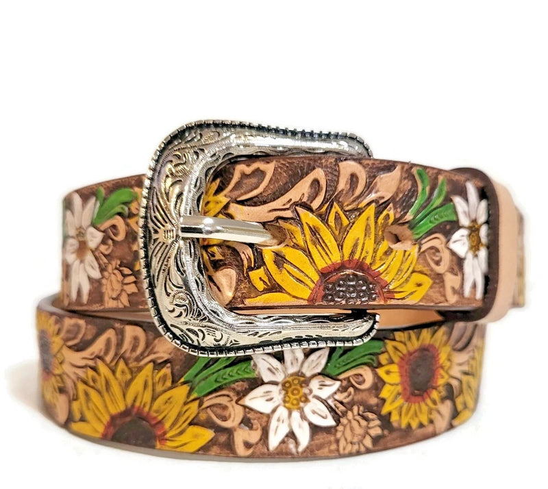 Brown leather girls belt with sunflower floral print and ornate silver buckle