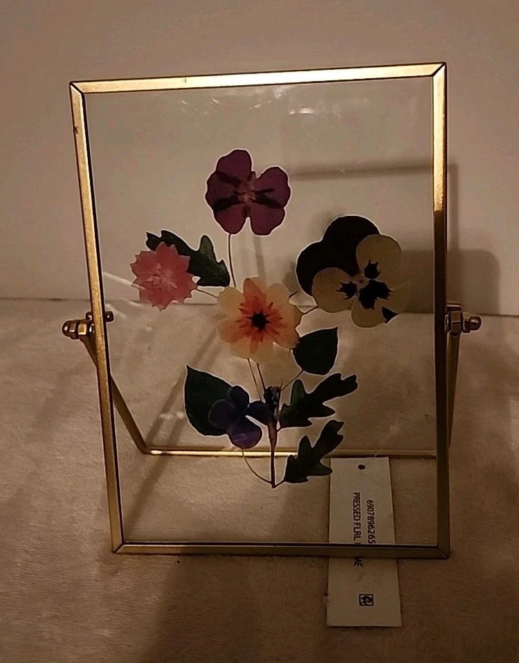 Botanical pressed flower glass frame with gold border and stand, flat lay silhouette decor