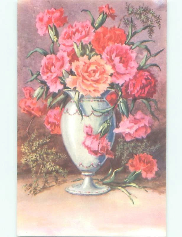 Vintage postcard of pink carnation flowers in an antique white vase