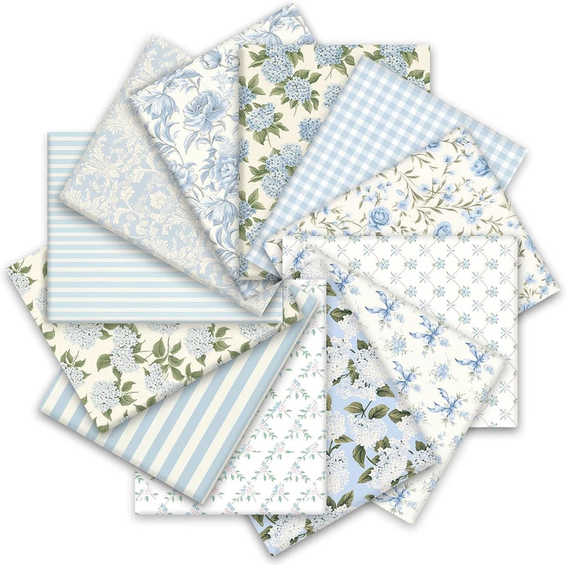 12Pcs Hydrangea Cotton Fabric Bundles 18 X 22 Inch Watercolor Dusty Blue Floral Hydrangea