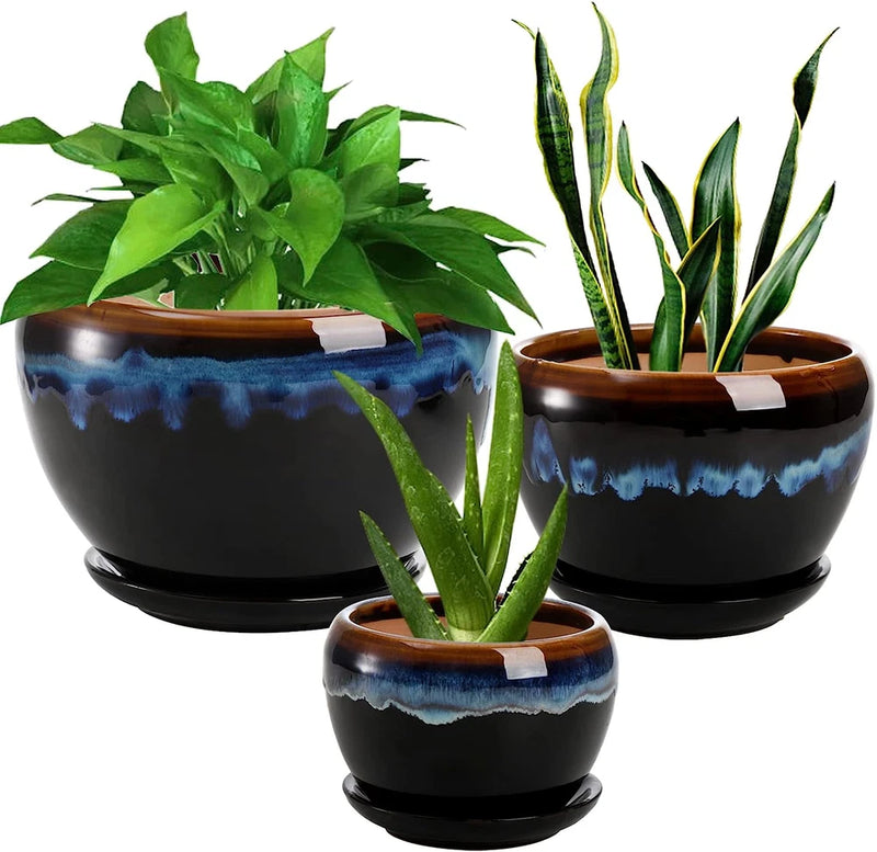 3 Pack Ceramic Flower Pots, Gardening Drip Glazed Planters, Plant Pots with Drai Garden Plants