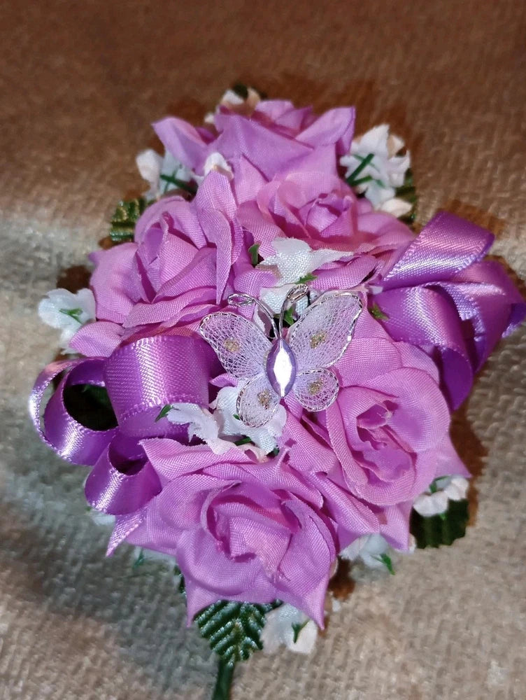 NEW 5" Artificial Fucsia/Purple Rose Wrist Corsage Tulle Butterfly Prom/Wedding Bouquet