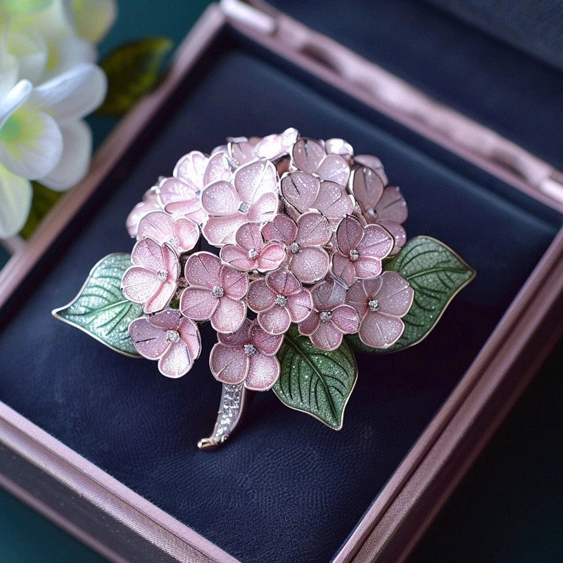 Vintage Hydrangea Brooch Enamel & CZ, Gold-Plated Floral Pin for Women Mother Hydrangea