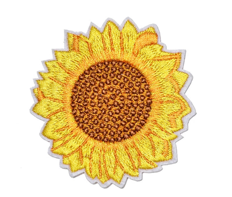Sunflower embroidered iron-on applique patch with yellow petals and brown center