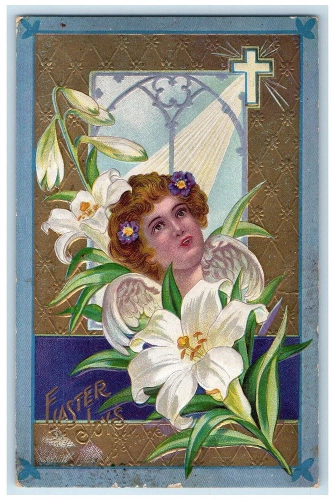 Antique Easter postcard with angel face, white lilies, and gold holy cross emboss