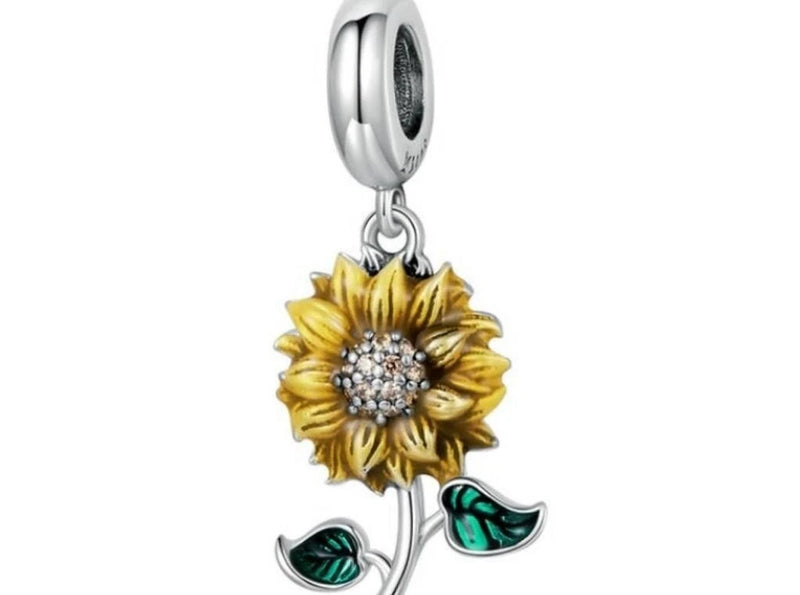 Sterling silver sunflower dangle charm with green leaf accents