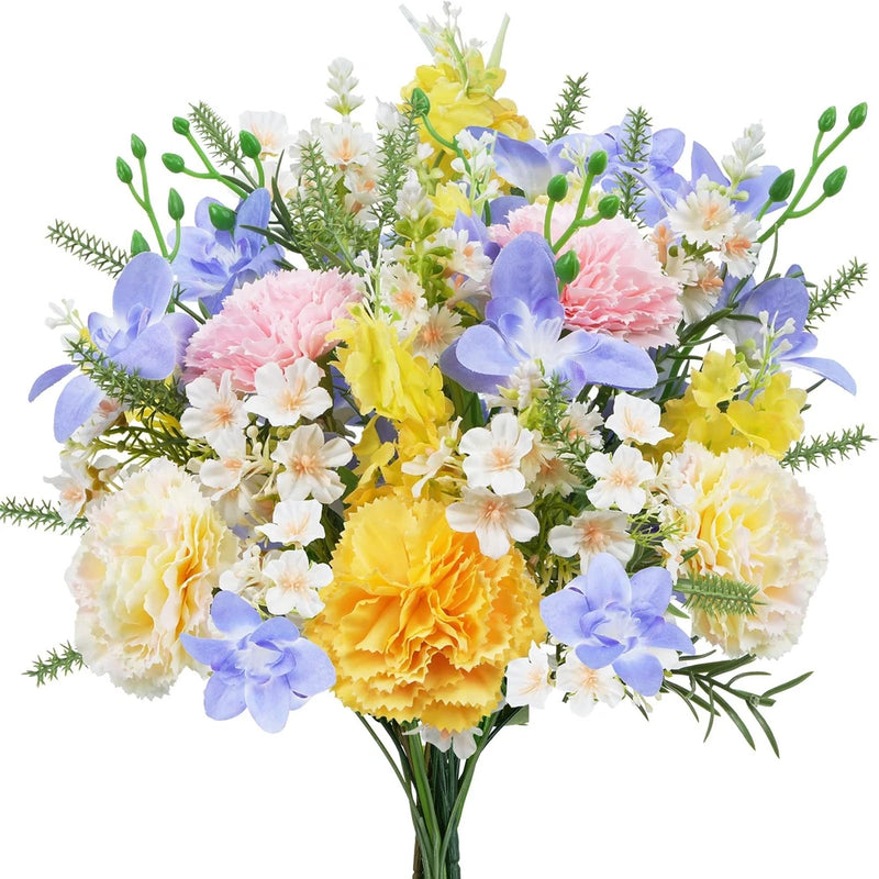 Faux spring wildflower bouquet with blue, pink, yellow, and white blooms