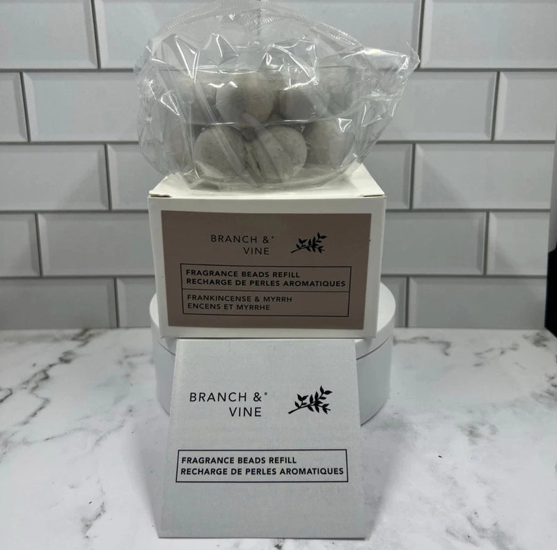 Branch & Vine fragrance beads refill box for Frankincense & Myrrh scent, two stacked packs