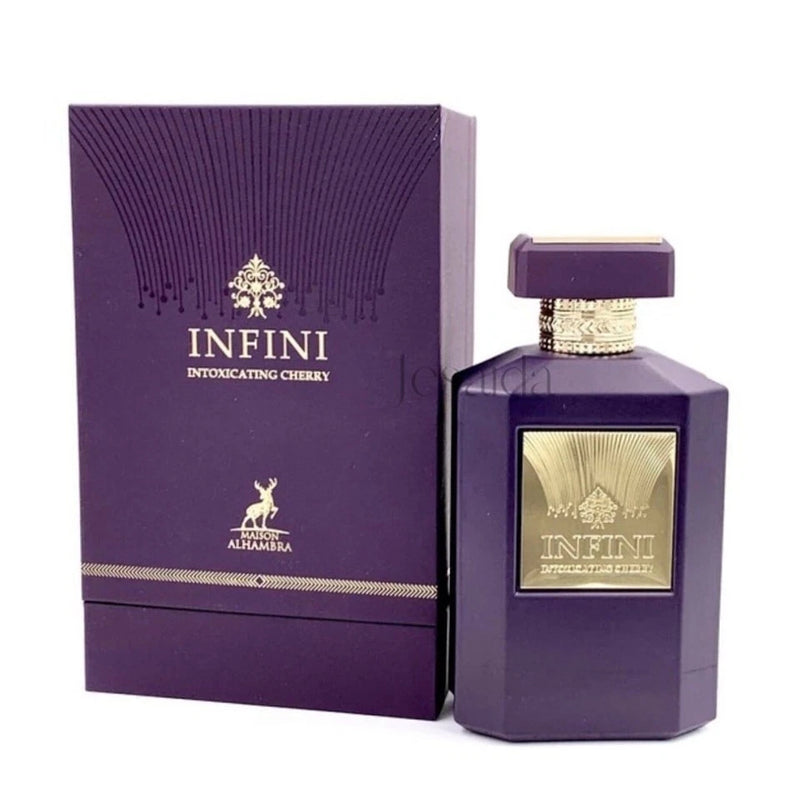 Infini Intoxicating Cherry EDP spray bottle in purple with gold label and box