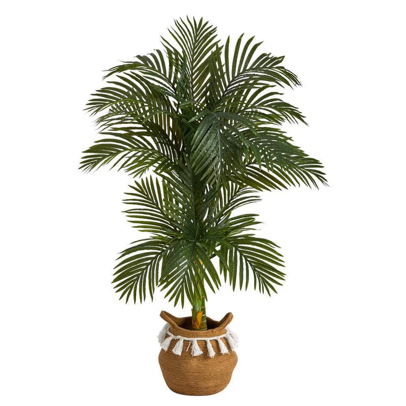 Nearly Natural Artificial Palm Tree Double Stalk Cane Green Woven Cotton Basket Green Plant