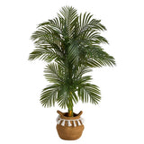 Nearly Natural Artificial Palm Tree Double Stalk Cane Green Woven Cotton Basket Green Plant