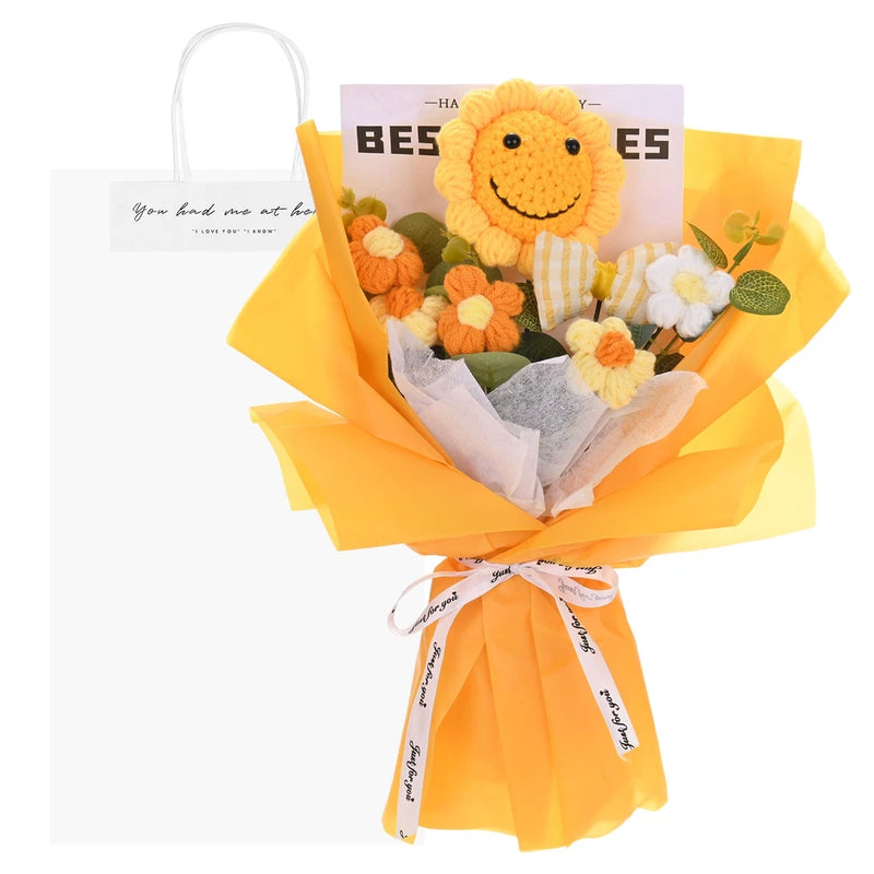 Crochet flower bouquet with sunflower, wrapped in yellow gift bag and bow ribbon