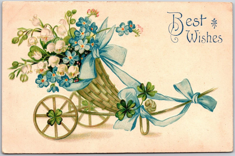 Vintage floral postcard with wicker cart, blue forget-me-nots and lily-of-the-valley flowers