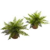 ARTIFICIAL RUFFLE FERN PLANT BUSH w/ BURLAP PLANTER FAKE SILK DECOR - (SET of 2) Green Plant