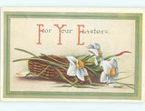 Pre-Linen easter EASTER LILY FLOWERS LYING IN ANTIQUE WICKER BASKET hr1905 Lily