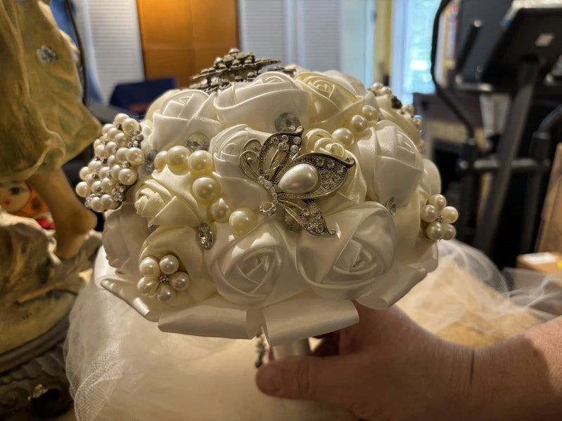 (3) Vintage Handmade Satin Wedding Bouquets Floral With Stones Bouquet