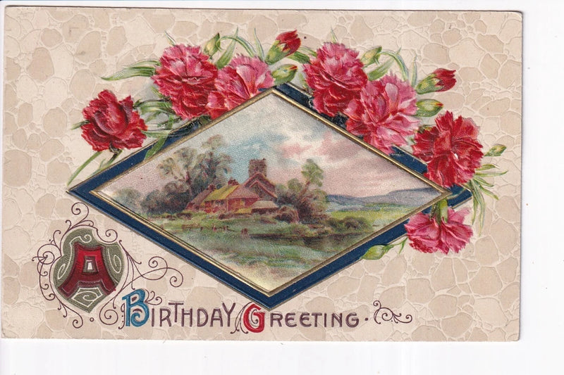 Silk inset rural image, carnation flowers diamond shape Birthday Winsch pub 1909 Carnation