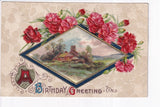 Silk inset rural image, carnation flowers diamond shape Birthday Winsch pub 1909 Carnation