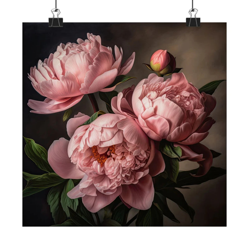 Pink peonies flower art print with three large blooms, bud, and green leaves