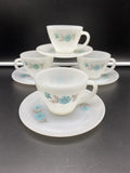 4 Sets Vintage Fire King Boutonniere/Turquoise Carnation Pattern Cups & Saucers Carnation