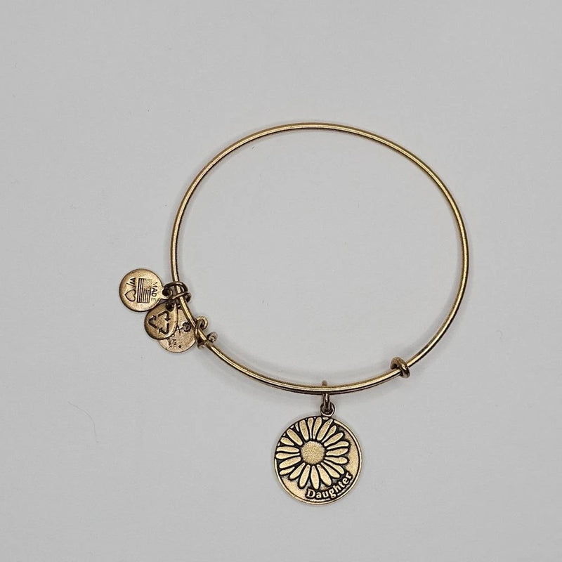 Gold-tone bangle bracelet with sunflower and daughter round charms