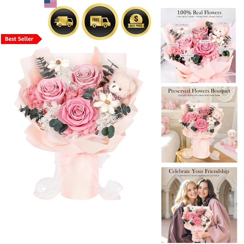 Preserved bouquet of pink roses with white blooms and a small teddy bear topper