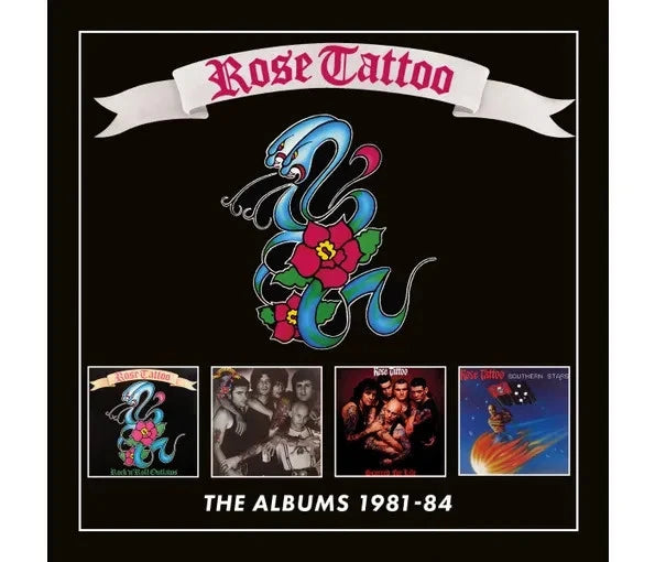 Rose Tattoo 4CD box set album cover with blue rose tattoo graphic and four cover thumbnails