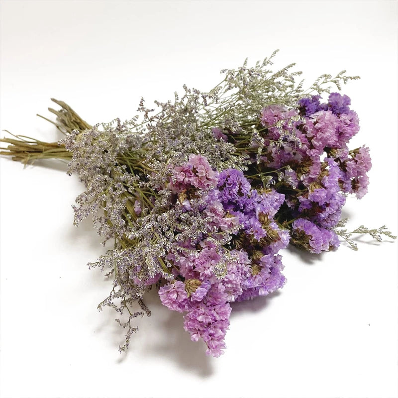 Dried statice flowers with stems, purple lavender blooms and thin silvery greenery