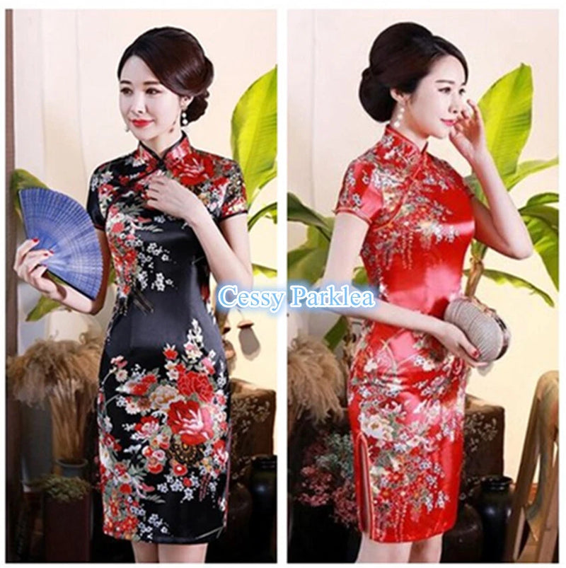 Satin qi pao dress with peony floral print, short sleeves, fitted cheongsam silhouette