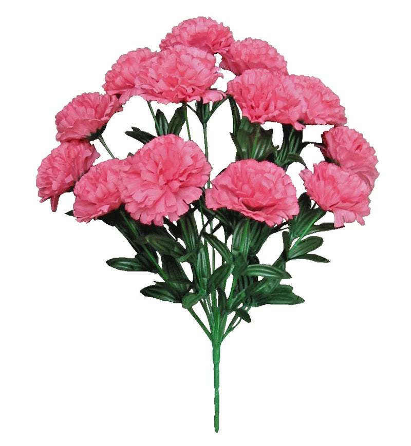 Artificial silk carnation bouquet, pink flowers with green leaves and stems