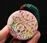 5CM China Jade Carved Fengshui Beautiful Peony Flower Butterfly Amulet Pendant Peony