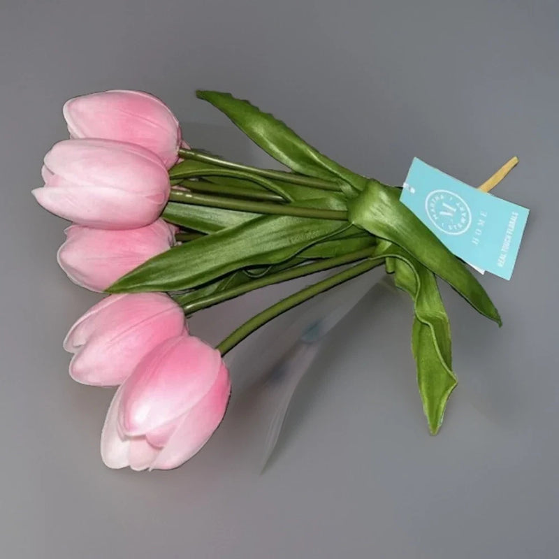 Artificial pink tulip bouquet with realistic-touch flower heads and green leaves