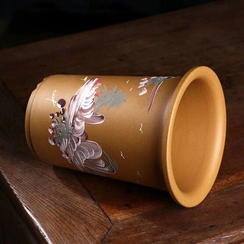 Ceramic bonsai pot, beige with hand-painted orchid design and flared rim opening