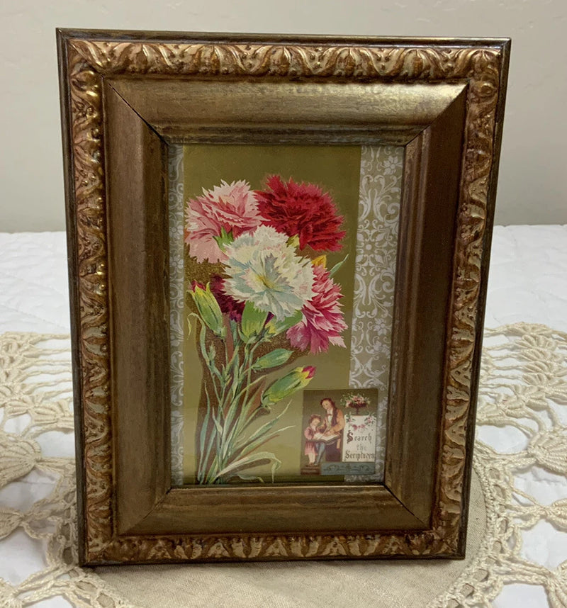 Vintage Framed Victorian Ephemera, Flowers, Carnations, Small Victorian Die Cut Carnation
