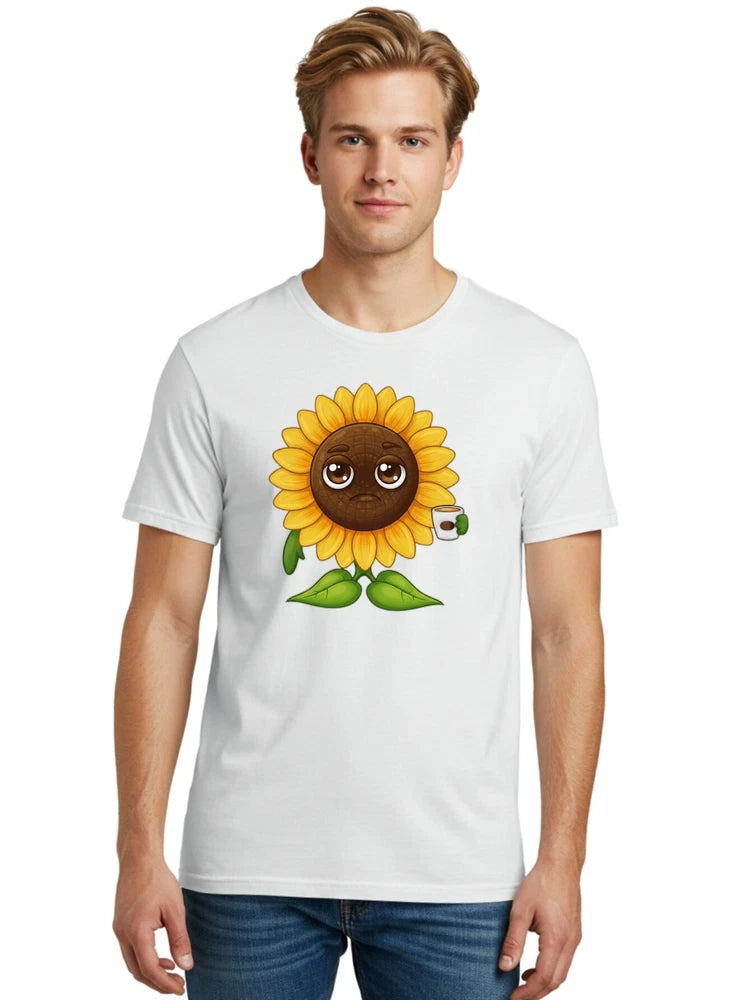 Men's white cotton graphic T-shirt with cartoon sunflower face and green leaves