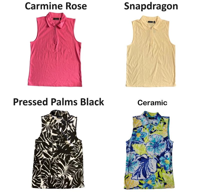 Women’s sleeveless fashion top with front zipper, shown in multiple color options