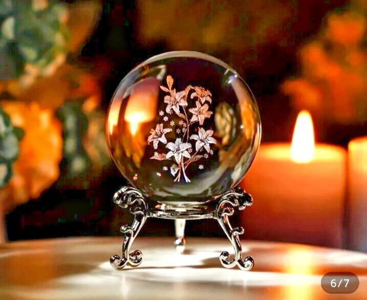 Crystal decorative glass ball figurine with stand, floral engravings