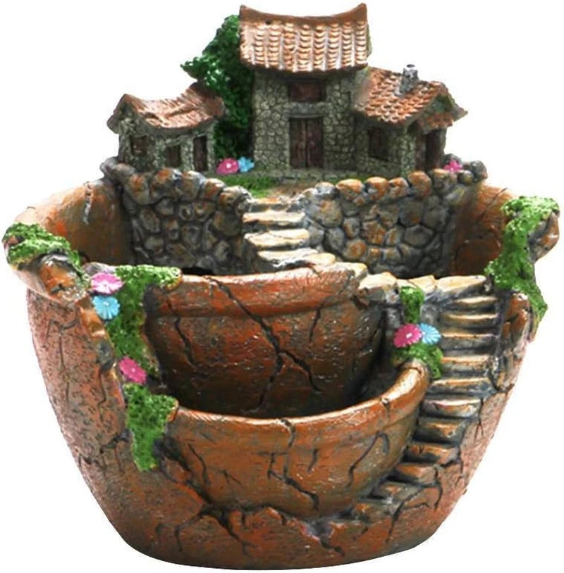 Fairy garden succulent planter pot with miniature stone house and steps, brown terracotta