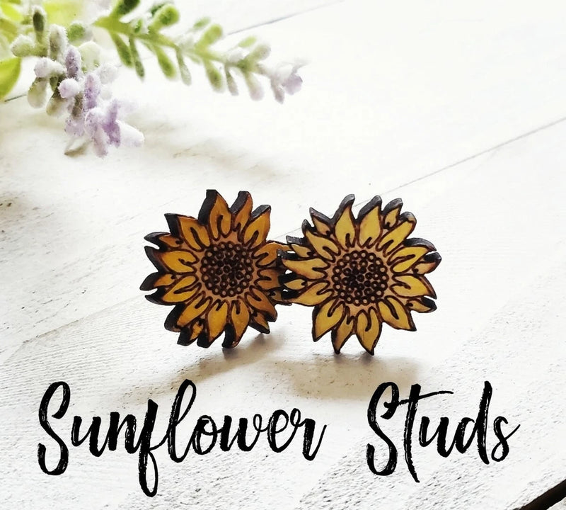 Sunflower stud earrings with yellow and brown wooden flower design, small boho studs