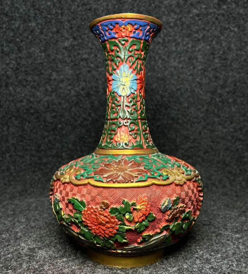 9" Old Chinese Dynasty Wood Lacquerware Painting Gilt Peony Flower Bottle Vase Peony