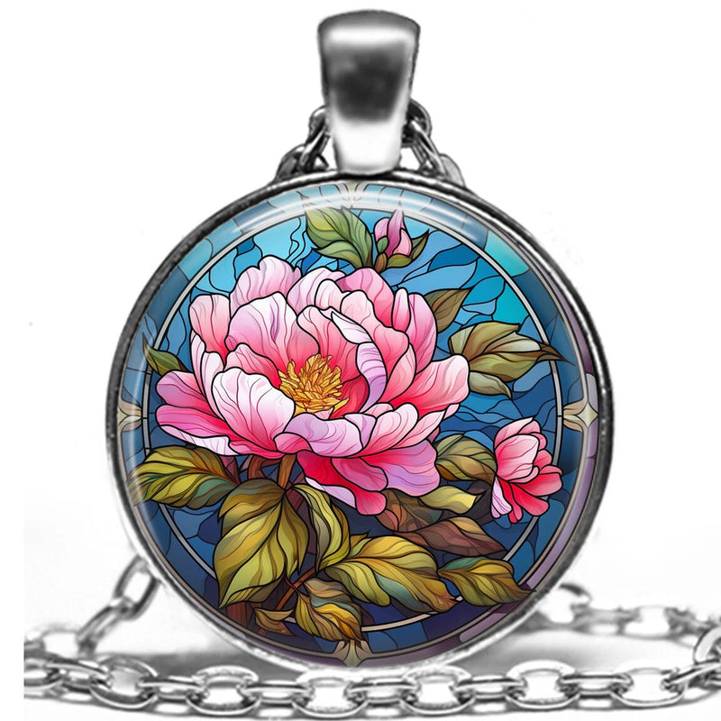 Pink peony round pendant necklace with stained-glass style glass art and chain