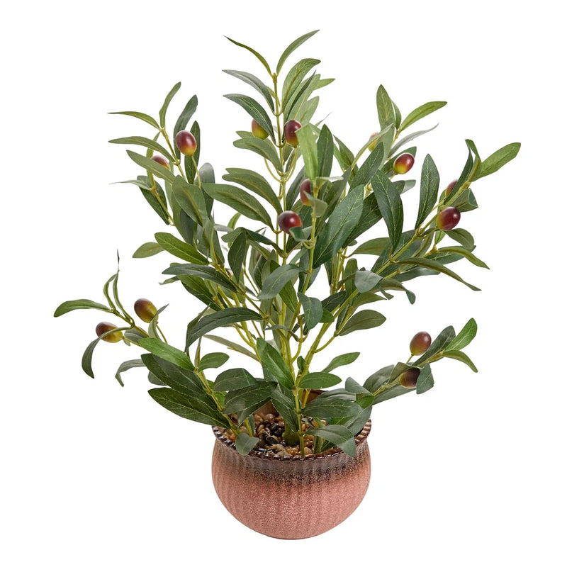 Artificial olive plant with green leaves and red olives in matte terracotta pot