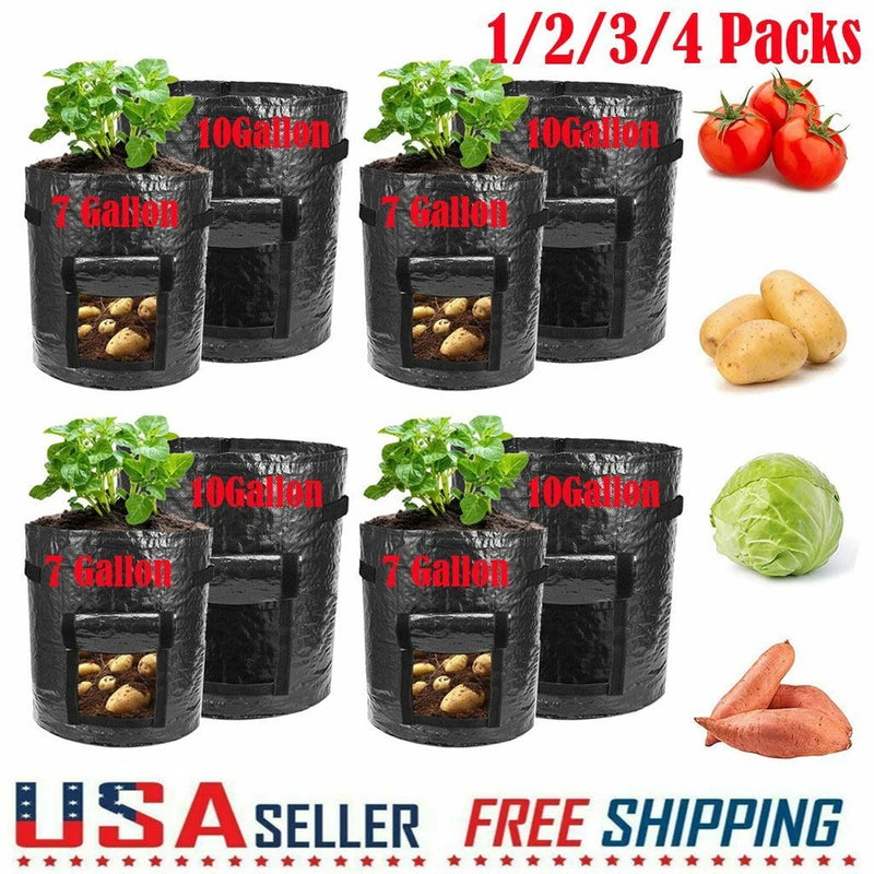Set of black fabric potato grow bags, 7 and 10 gallon sizes
