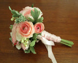 Silk Flower BRIDAL BOUQUET Pink Roses Ranunculus Dusty Miller Succulents Small Bouquet