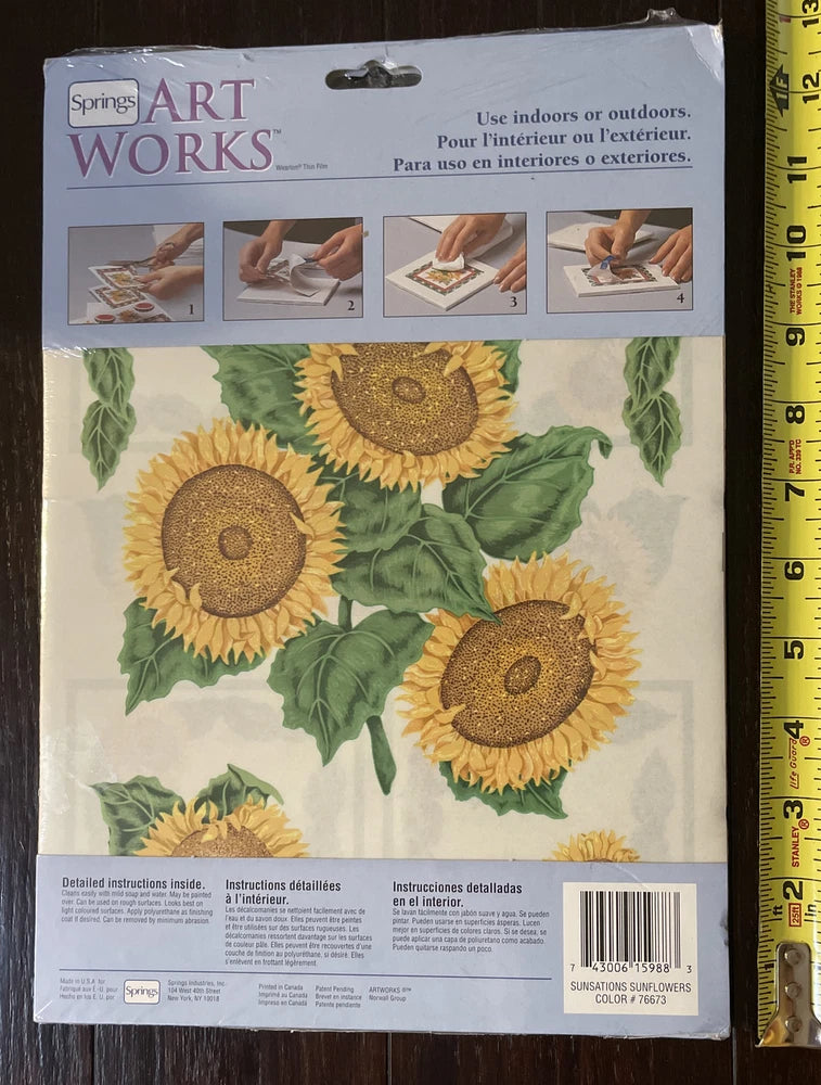 Sunflower decor transfer sheet with green leaves and three yellow blooms