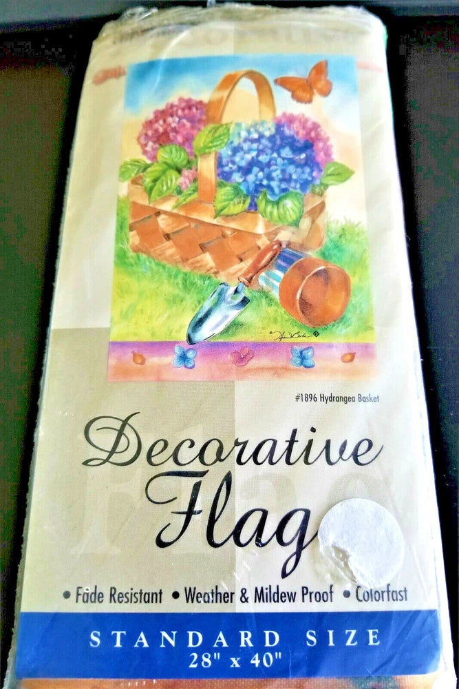 Large hydrangea basket decorative flag with butterflies and flowers, 28" x 40"