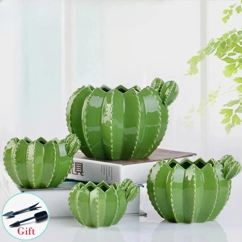 Green cactus-shaped ceramic plant pots (set) for succulents