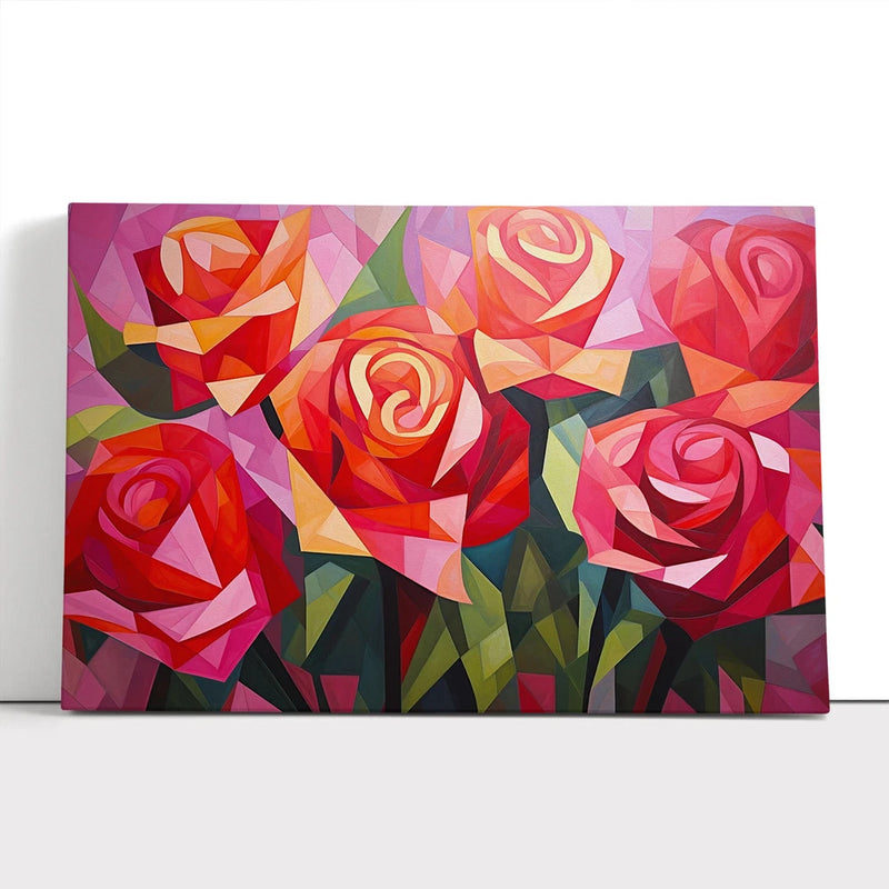 Framed canvas wall art with colorful abstract carnation flowers, geometric style