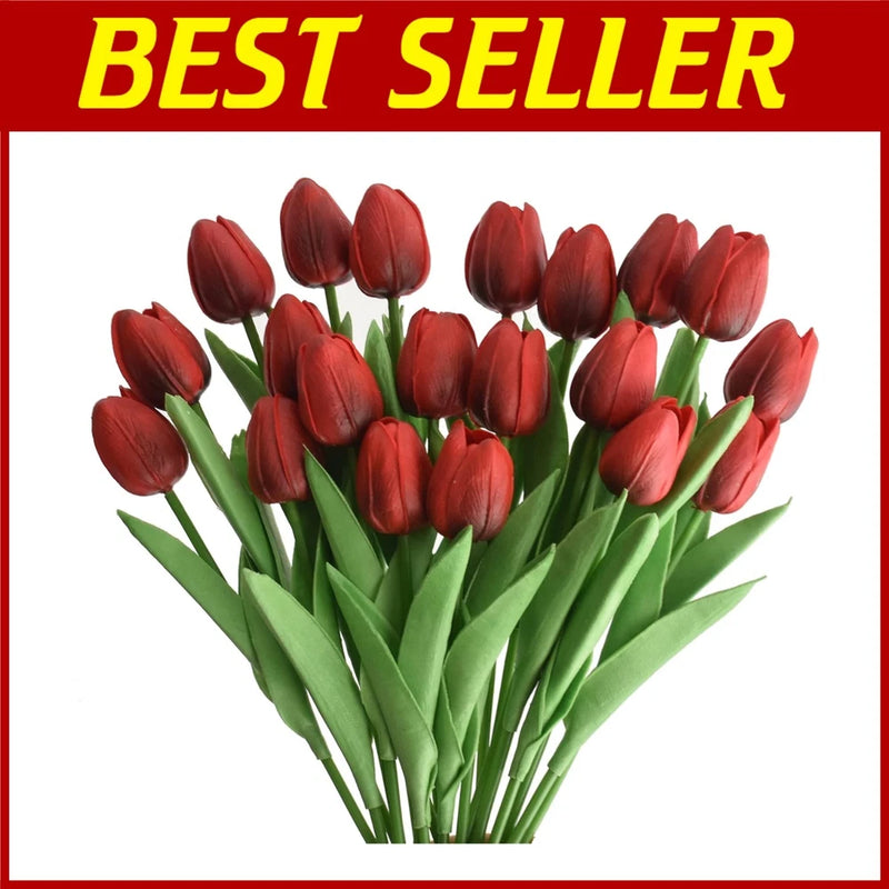 20pcs Real Touch Artificial Tulips Bouquet - Currant Red Hydrangea